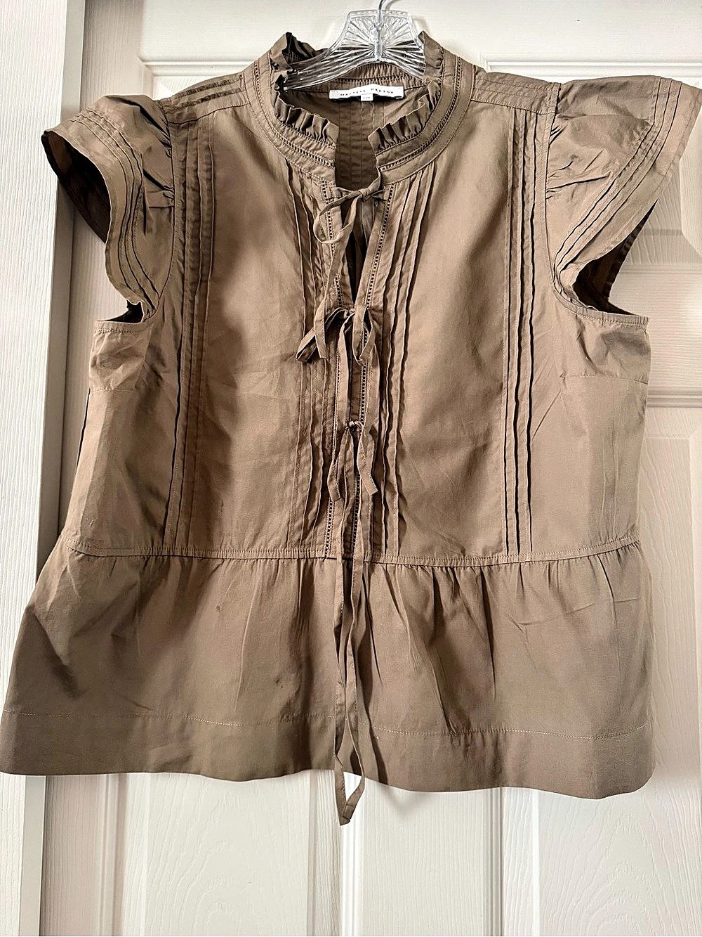 Never worn ! Melissa Nepton Ruffle Neck Tie Front Tunic in Brown Large Like New